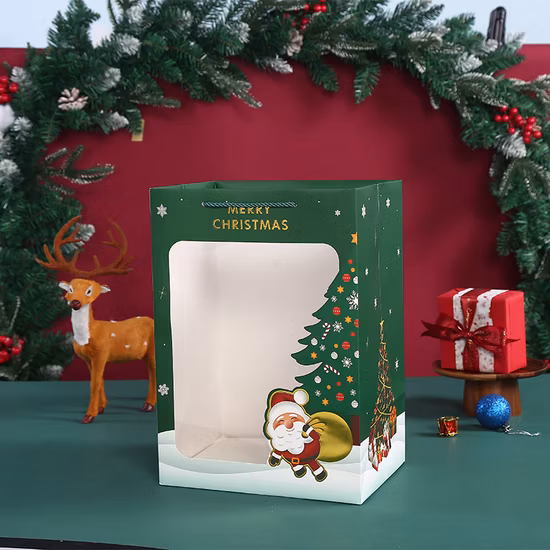 Maßgeschneiderte Weihnachts-Geschenkverpackungstüte aus Papier mit durchsichtigem Fenster, Werbe-Papiertüte, Einkaufstasche, Kraftpapiertüte, recycelbare Papiertüte mit Logo-Aufdruck