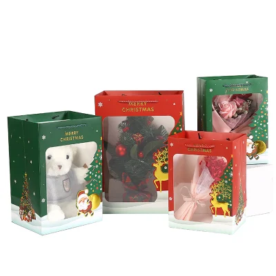 Maßgeschneiderte Weihnachts-Geschenkverpackungstüte aus Papier mit durchsichtigem Fenster, Werbe-Papiertüte, Einkaufstasche, Kraftpapiertüte, recycelbare Papiertüte mit Logo-Aufdruck